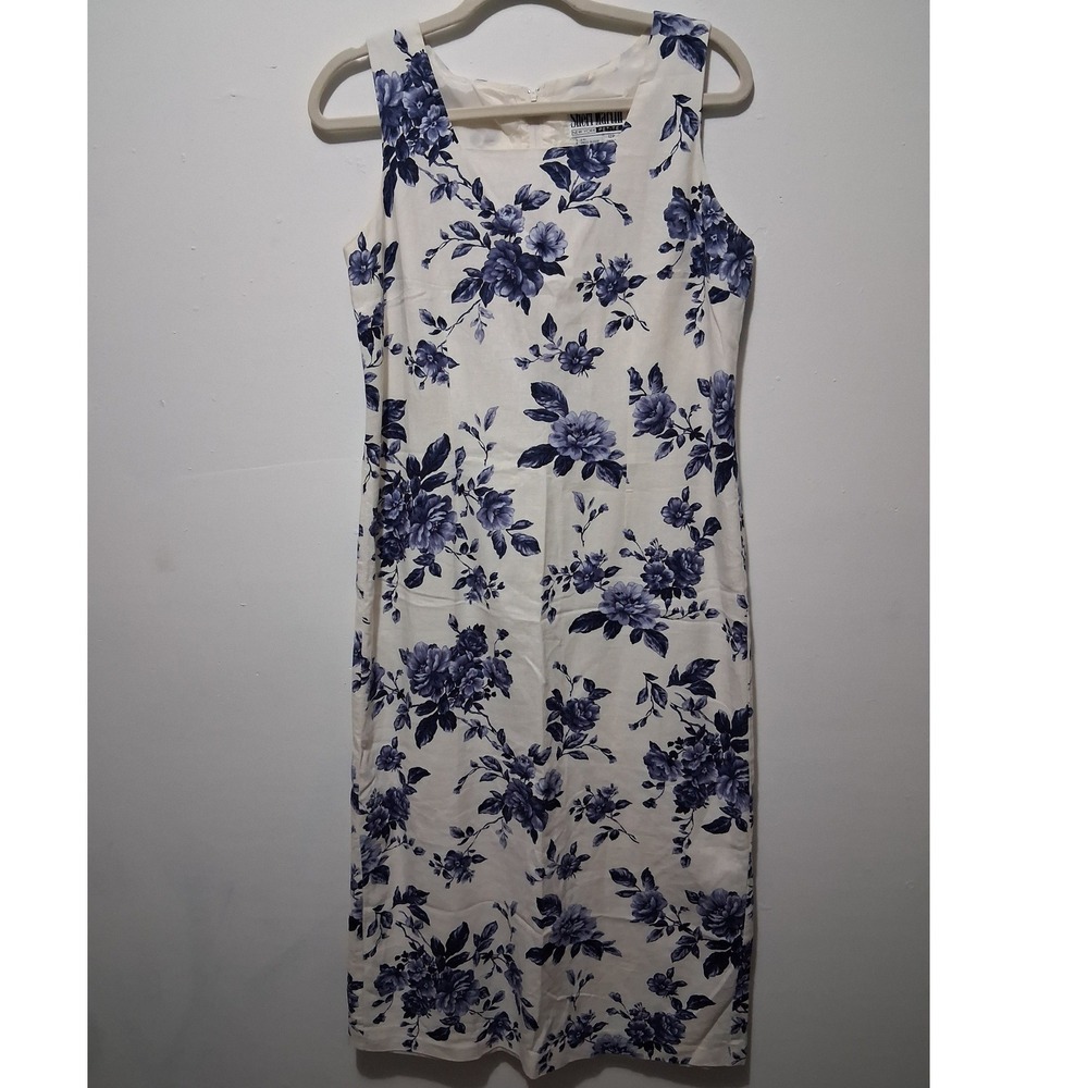 Sheri Martin New York Petite Blue Floral Linen Rayon Sheath Dress 12P Party